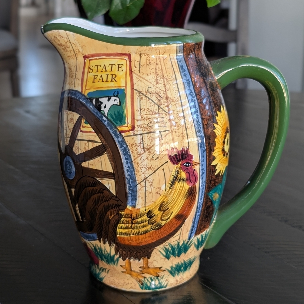 Colorful Rooster Pitcher with Green Handle